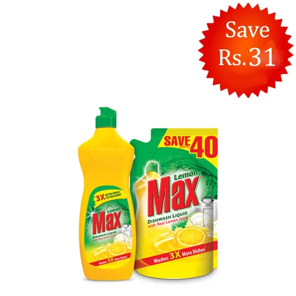 Lemon Max Liquid Dishwash 475mL Bottle + 450mL Refill Pouch